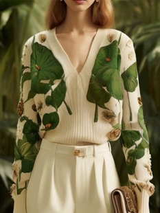 多巴胺秋季穿搭新中式今年流行的漂亮绿色印树叶针织长袖V领小衫