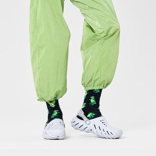 happysocks袜子女，男袜春秋绿色恐龙运动棉袜，中筒袜