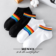 menxx纯棉袜子男船袜低帮浅口防臭吸汗透气彩虹，条纹夏季学生短袜