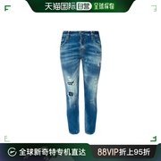 香港直邮Dsquared2D二次方女士九分牛仔裤蓝色破洞做旧时尚百搭