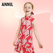 安奈儿女童装纯棉复古连衣裙夏季款喜庆红色格子旗袍背心裙