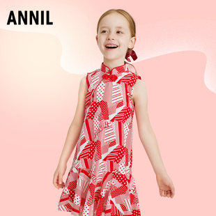 安奈儿女童装纯棉复古连衣裙，夏季款喜庆红色格子旗袍背心裙