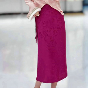 中国风半身裙女2024春夏复古中式盘扣，开叉高腰包(高腰包，)臀显瘦中长裙