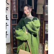 秋季女装温柔绿色单排扣针织衫小众软糯女神范气质中长款毛衣外套