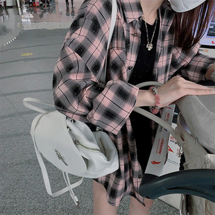 烫钻黑粉格子衬衫外套，女2024夏季韩版宽松慵懒风衬衣防晒长袖上衣