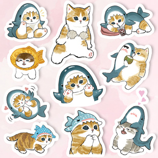 日本小猫咪mofusand鲨鱼猫可爱手帐防水笔记本手机壳行李箱贴纸