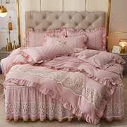 家舒馨夹棉加厚蕾丝床裙床笠式，四件套可拆卸床罩纯色花边床单被套