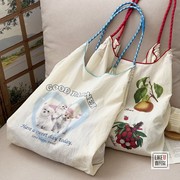 原创夏季韩版ins复古猫咪，帆布袋水果印花环保单肩出游手提沙滩包