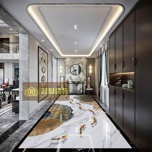 中式走廊拼花地砖800x800客厅地板砖入户玄关过道3D图案造型瓷砖
