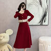 法式小香风连衣裙套装，女冬季2023高级感红色订婚礼服裙两件套