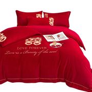 秋冬牛奶绒结婚床上用品四件套红色，喜字刺绣毛绒被套罩新婚庆床单