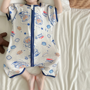 儿童夏季连体睡衣防踢被宝宝短袖空调房睡衣，男童女童睡袍夏天纯棉