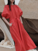 黛.水洗苎麻，长裙子复古泡泡袖，大红色连衣裙夏.