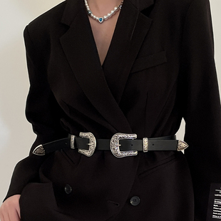 个性百搭黑色腰带女士2023夏季韩版双扣设计高级感小众皮带潮