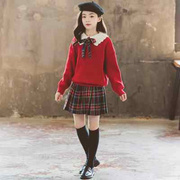 女童冬装套装2022女孩红色毛衣，洋气时髦中大童裙子两件套秋冬