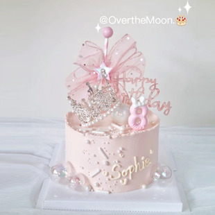 甜美公主风小仙女女孩，蛋糕粉色蝴蝶结，透明球周岁装饰插件英文