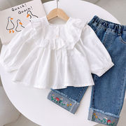 韩系女童上衣秋款娃娃衫宽松宝宝，白色荷叶边方领上衣小童衬衫长袖
