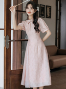 国风改良旗袍甜美粉色连衣裙，女2024夏季高级感蕾丝重工长裙子
