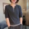 春季气质韩版假两件长袖，上衣女宽松遮肉百搭气质女装打底小衫