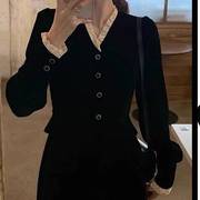 金丝绒长袖连衣裙子秋冬季2023女装高级感黑色长裙假两件套装