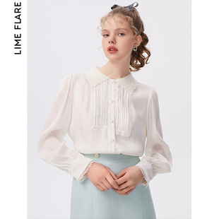 莱茵2023秋季雪纺蕾丝白衬衫高级感商场同款宽松设计感上衣女