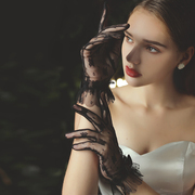 蝴蝶结蕾丝结婚礼服手套短款黑色，花边优雅性感镂空万圣节新娘装扮