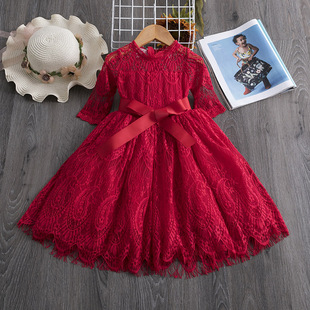 2022女宝宝连衣裙秋装女童，蕾丝裙七分袖红色，洋气公主裙子超仙