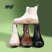 MO女鞋设计师品牌旋转拉链真皮马丁靴女耐磨防滑软底休闲高帮鞋。