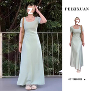 小个子绿色方领连衣裙子女夏季2024年法式收腰气质高级感长裙