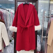 高端红色双面羊绒大衣女中长款2023年冬感系带羊毛呢外套