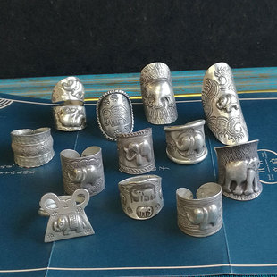 纯银大象戒指复古做旧银戒泰国清迈手工银饰个性，开口夸张食指戒