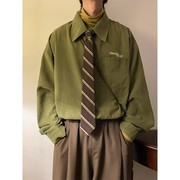 衬衫男日系学院风，宽松长袖内搭外穿百搭领带学生绿色衬衣上衣
