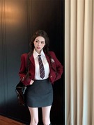 韩系学院风制服套装酒红色西装外套，衬衣女秋季高腰包(高腰包)臀短裙两件套