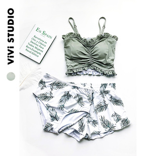 viviStudio/ 夏季豆沙绿小性感吊带泳衣三件套高腰个性少女泳装