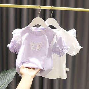 1-5岁女宝宝网纱短袖t恤婴儿夏装婴儿童小飞袖上衣女童蝴蝶结半袖