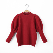 女童红色泡泡袖毛衣灯笼长袖，套头针织衫儿童秋冬新年喜庆打底衫