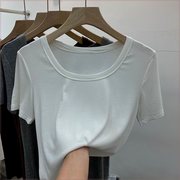 欧洲站2021夏季短袖，基本款螺纹棉白色，t恤女纯色圆领修身百搭上衣