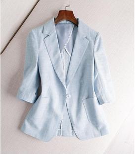 浅蓝色小西装2020年五分袖，亚麻小西装外套，女夏薄款棉麻小西服