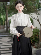 新中式汉元素立领刺绣衬衫女春季国风白色长袖衬衣套装马面裙上衣