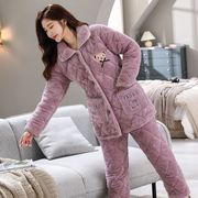 睡衣女冬季三层加厚珊瑚绒夹棉袄韩版可爱保暖加绒女士家居服套装