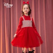 迪士尼女童时尚长袖连衣裙，大红儿童秋冬裙子，假两件小孩毛衣网纱裙