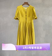 春秋女士连衣裙姜黄色V领亚麻短袖收腰a字气质显瘦长裙-399