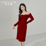 秋季红色长袖连衣裙女2023春秋，款法式修身显瘦气质高级感裙子