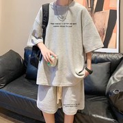 华夫格短袖t恤男大码运动套装夏季时尚韩版五分短裤两件套潮