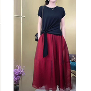 夏季大码韩版气质系带，针织衫女高档网纱a字，半身裙套装两件套裙子