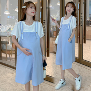 孕妇连衣裙夏装2j023时尚宽松背带假两件韩版中长款夏季孕妇