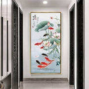 中式年年有余玄关装饰画风水招财，走廊过道竖版墙画荷花九鱼图挂画