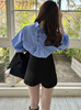 G*L夏季2024日系甜美宽松款条纹后系带单排扣灯笼袖衬衫