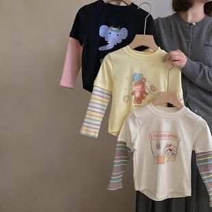 女童长袖T恤2024春季拼接韩系假两件卡通打底衫洋气宝宝上衣