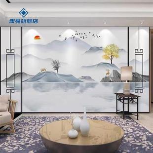 新中式电视背h景墙壁纸大气，山水简约立体墙纸，无缝壁画客厅影视墙